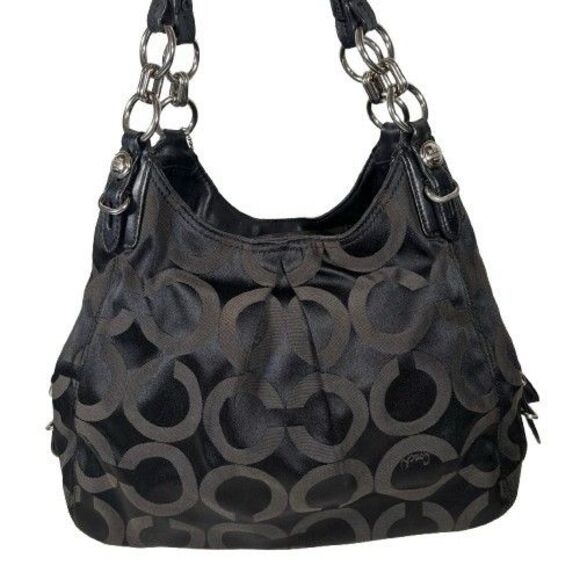 Coach Maggie Shoulder Bag Optic Op Art Signature Black on Black Hobo Purse 15757 - Picture 4 of 16